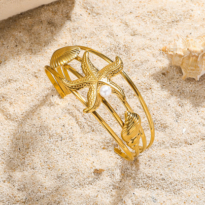 麦芽欧美跨境不锈钢开口海星海螺贝壳珍珠多层手镯钛钢海洋风手环