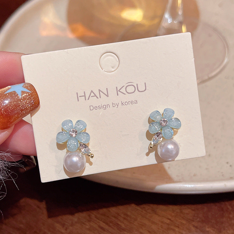 Sterling Silver S925 Needle Fresh Forest Style Flower Stud Earrings for Women, Vacation Style Light Luxury Minority Advanced Pearl Earrings