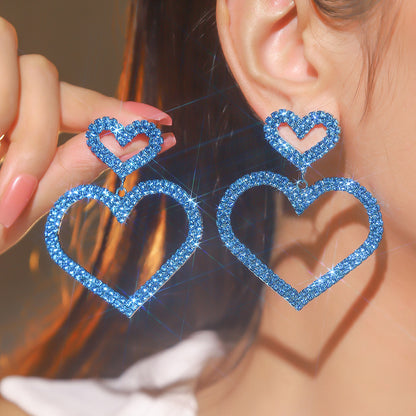 跨境情人节大爆款 奢华闪亮满钻爱心耳环女 时尚双桃心耳钉耳饰品