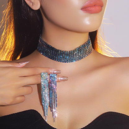 欧美跨境 奢华闪亮项链耳环两件套 豹纹新娘水钻首饰套装颈链饰品