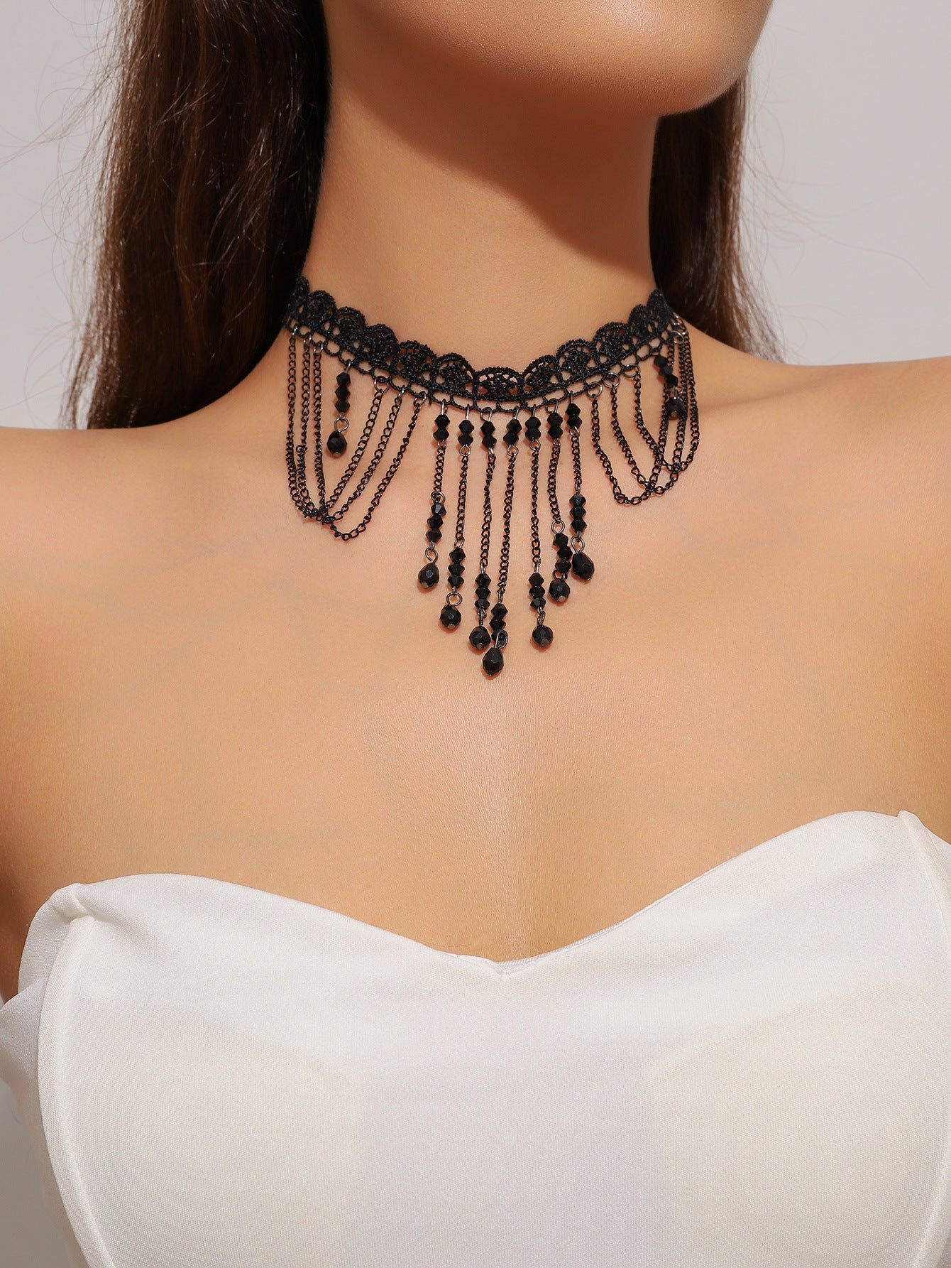 欧美跨境 复古黑色蕾丝玫瑰花项链手链戒指套装女 暗黑风颈链手饰