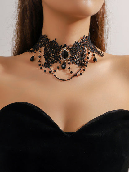 欧美跨境 复古黑色蕾丝玫瑰花项链手链戒指套装女 暗黑风颈链手饰