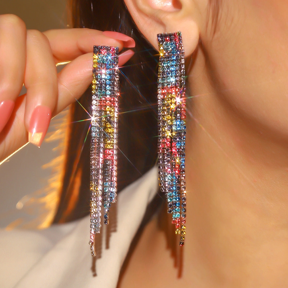 轻奢风小脸超闪AB水钻长款流苏耳环女 时尚气质耳钉饰品 earrings