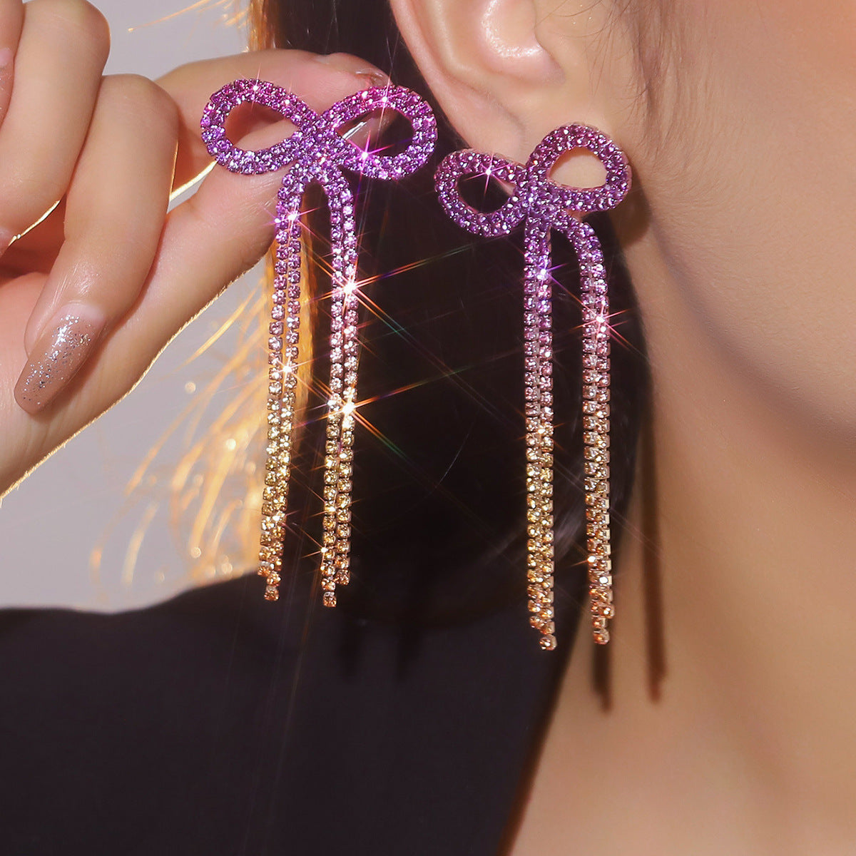 全铜 百搭蝴蝶结长款流苏耳环 时尚闪亮水钻耳钉无耳洞耳夹款