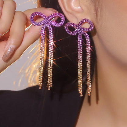 全铜 百搭蝴蝶结长款流苏耳环 时尚闪亮水钻耳钉无耳洞耳夹款