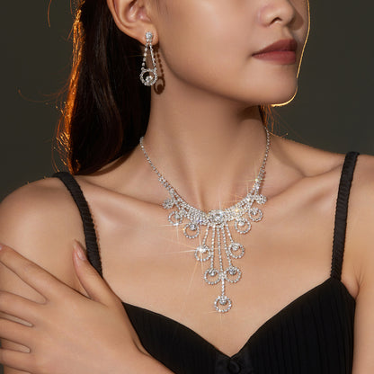 欧美跨境气质百搭水钻项链耳环两件套 新娘首饰套装 婚纱礼服配饰