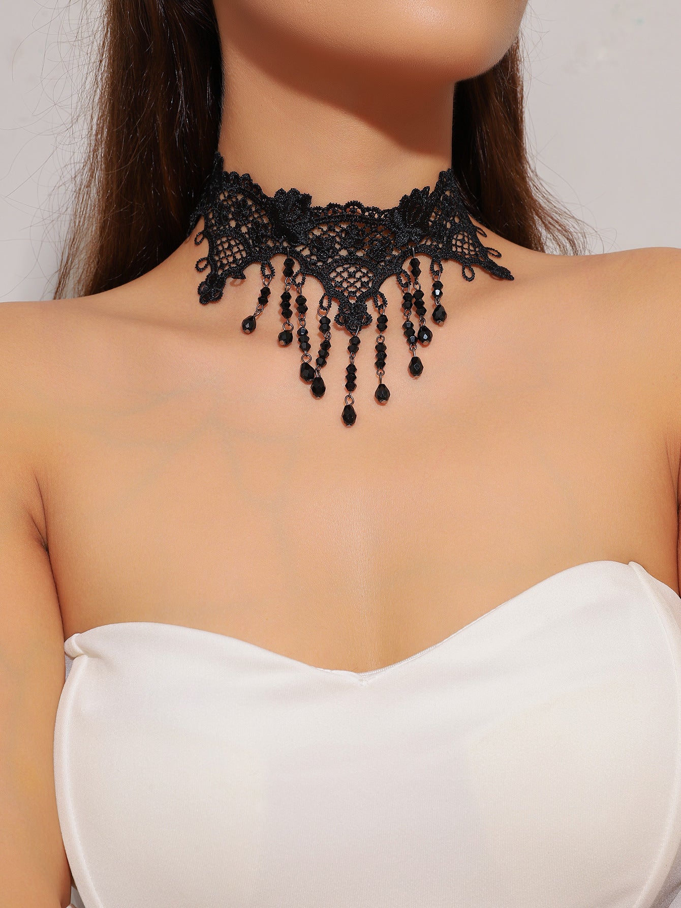 欧美跨境 复古黑色蕾丝玫瑰花项链手链戒指套装女 暗黑风颈链手饰