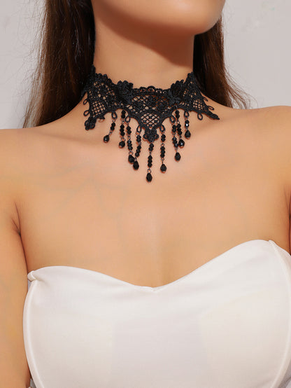 欧美跨境 复古黑色蕾丝玫瑰花项链手链戒指套装女 暗黑风颈链手饰