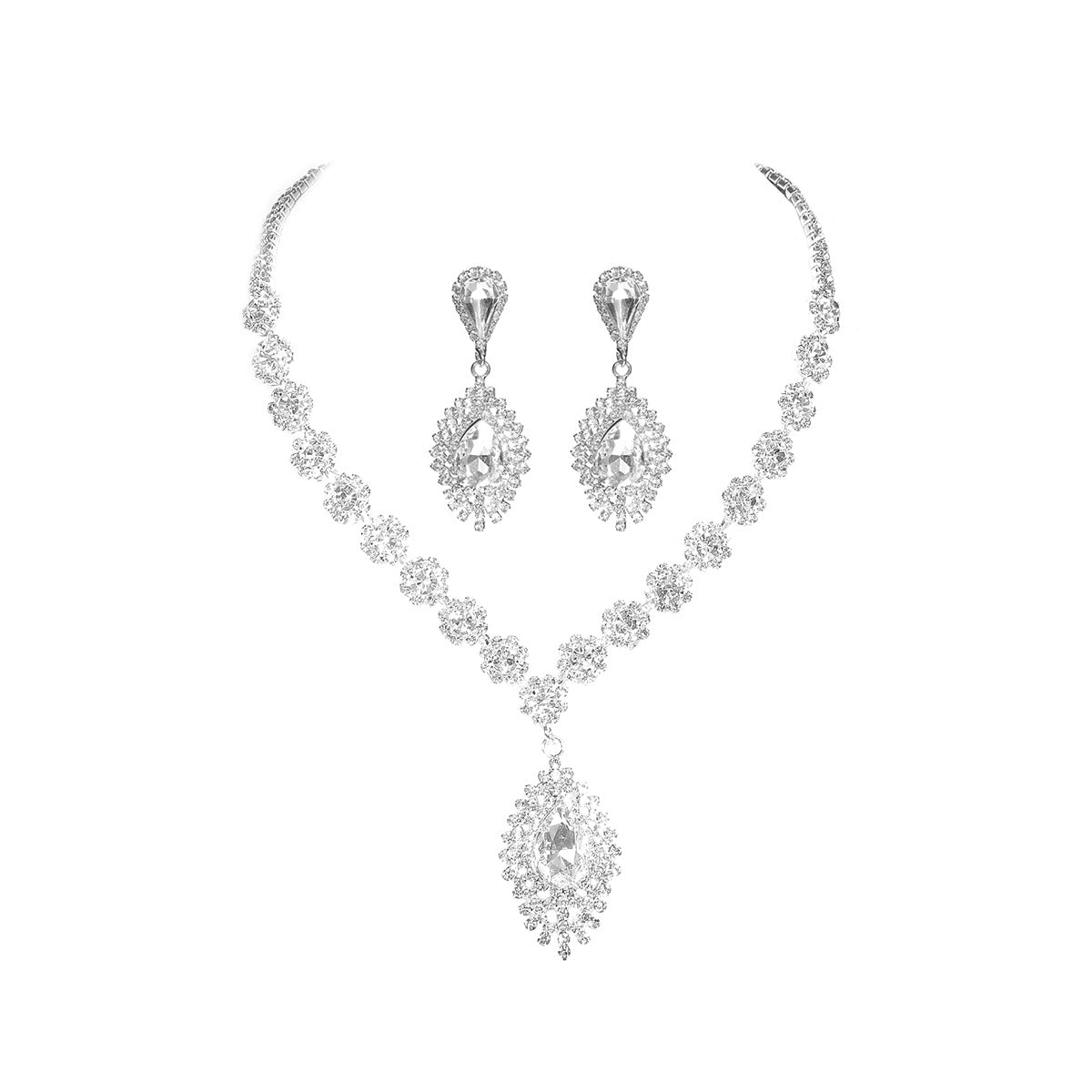 全铜 奢华闪亮水钻项链耳环套装 高级感气质项饰耳饰新娘首饰