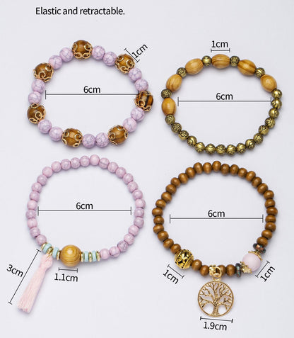 Bohemian Style Beaded Bracelet, Tassel Tree of Life Fashion Pendant, Wooden Bead Elastic Multilayer Bracelet