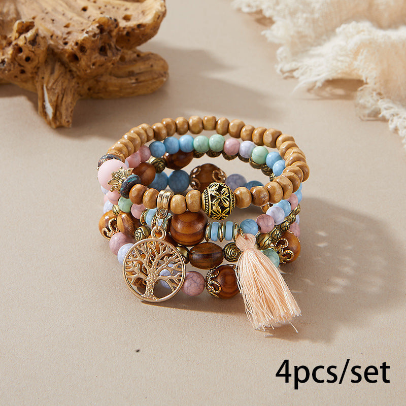 Bohemian Style Beaded Bracelet, Tassel Tree of Life Fashion Pendant, Wooden Bead Elastic Multilayer Bracelet