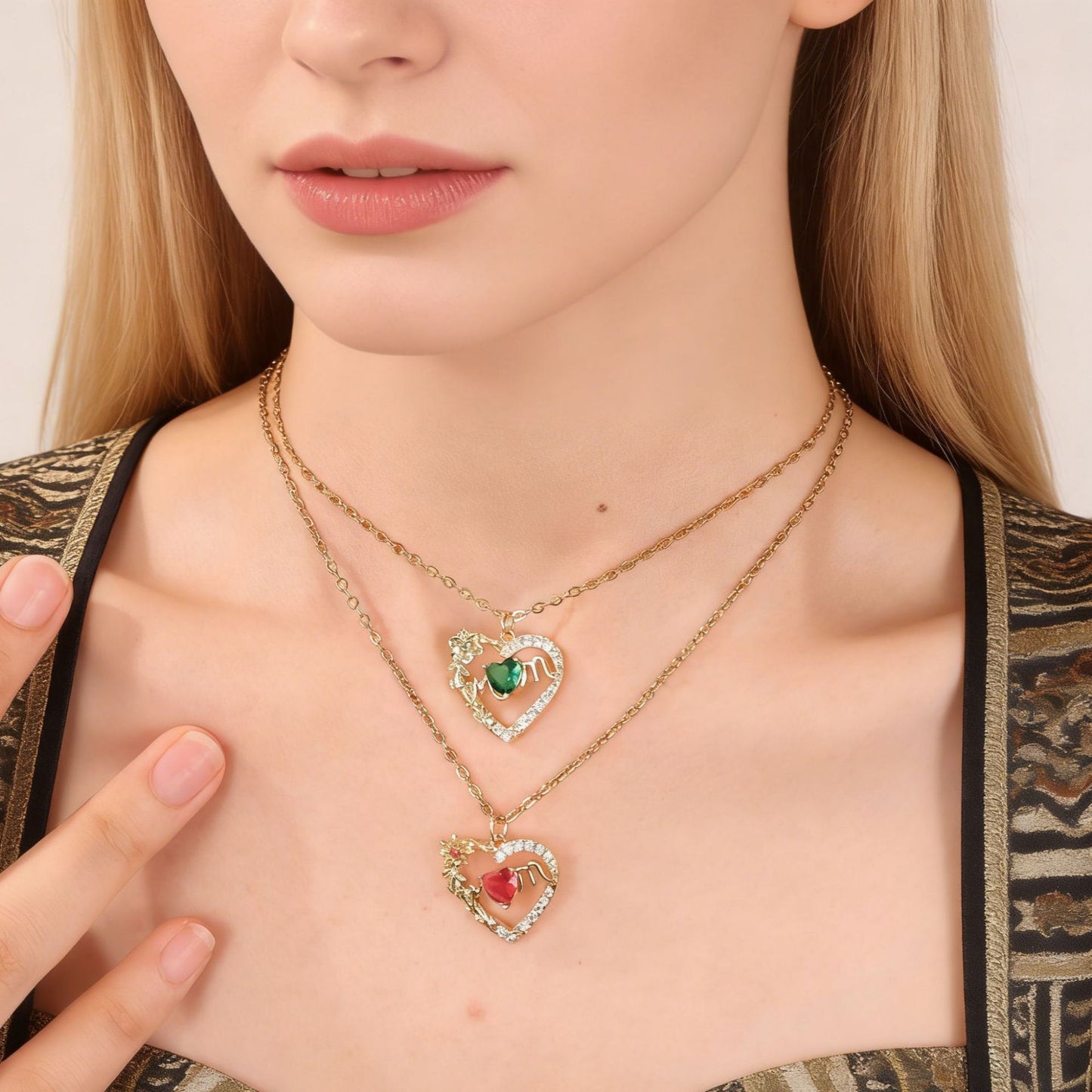 Women's Heart Pendant Necklace with Sparkling Zircons & 12 Birthstones