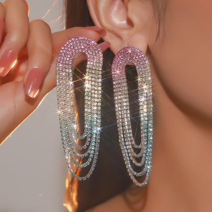 町卡饰品气质奢华闪亮水钻长款耳环女时尚渐变彩色流苏大耳环耳饰