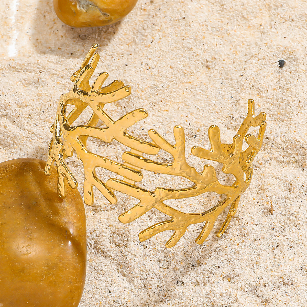 麦芽欧美跨境树枝珊瑚开口手镯不锈钢钛钢不掉色手环 ins时尚手饰