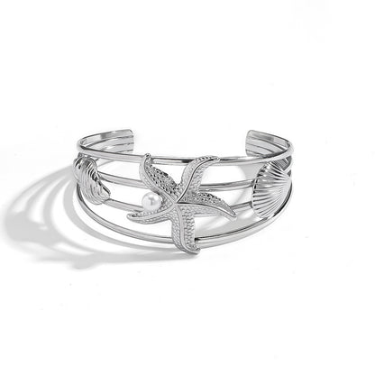 麦芽欧美跨境不锈钢开口海星海螺贝壳珍珠多层手镯钛钢海洋风手环