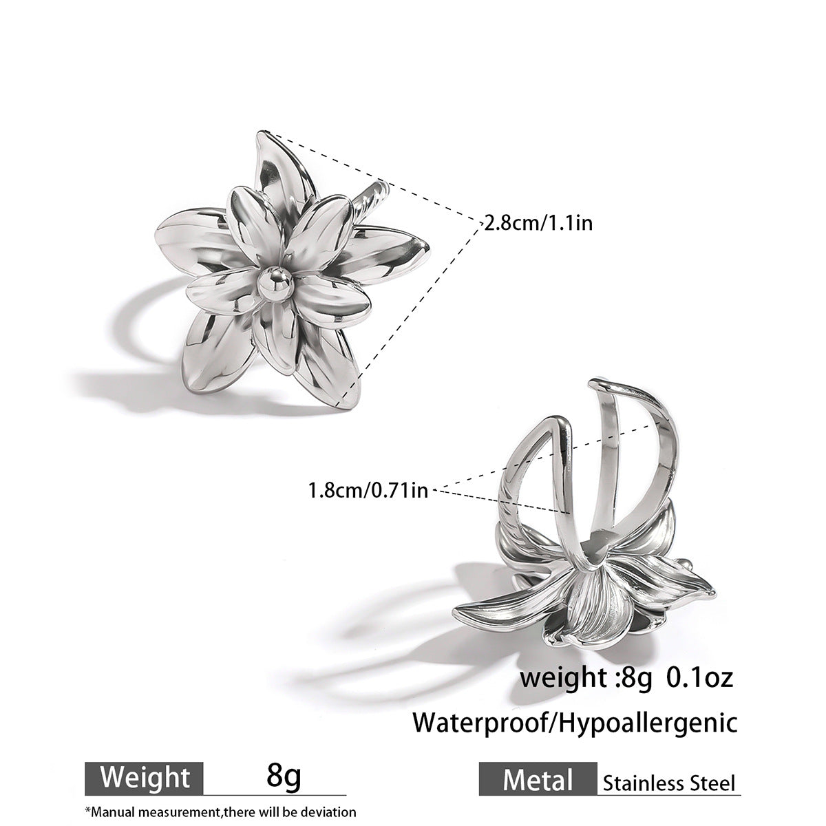 麦芽不锈钢不掉色花朵戒指女立体感开口设计指环夸张欧美跨境手饰