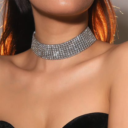 欧美跨境 8排高档奢华满钻豹纹项链锁骨链女 高级感网红项圈项饰