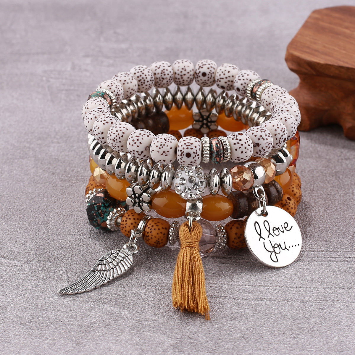 Boho Multi-Layer Stackable Beaded Stretch Bracelet, Bohemian Wrap Bracelet with Tassel & "I Love You" Charm