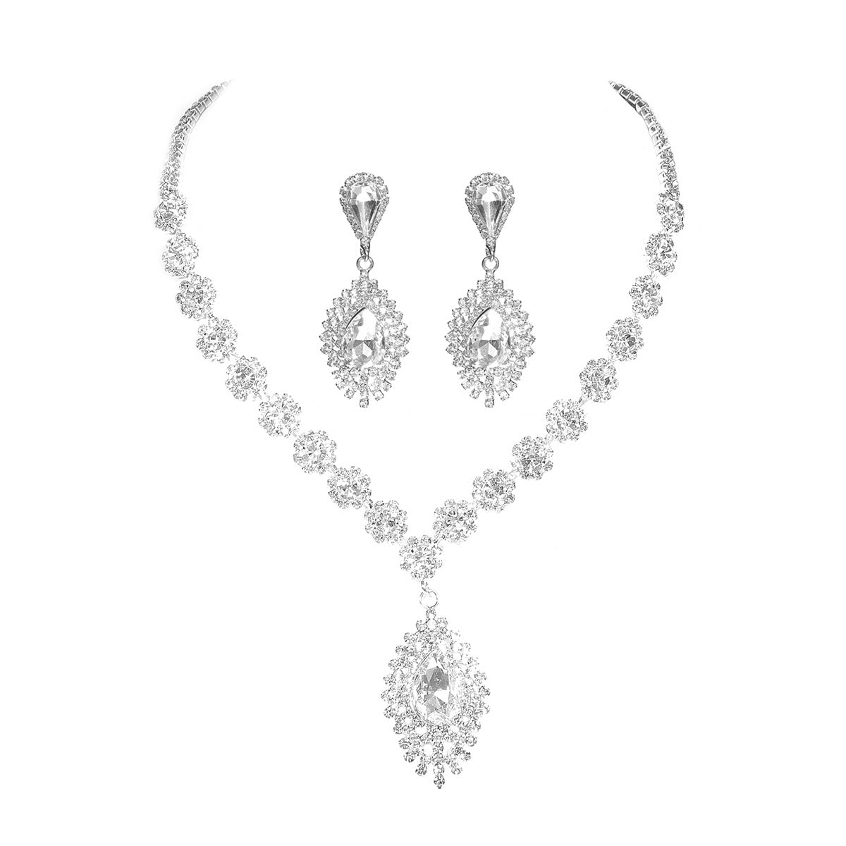 全铜 奢华闪亮水钻项链耳环套装 高级感气质项饰耳饰新娘首饰