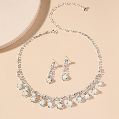 亚马逊爆款奢华新娘项链耳环两件套婚礼配饰气质锆石花朵首饰套装