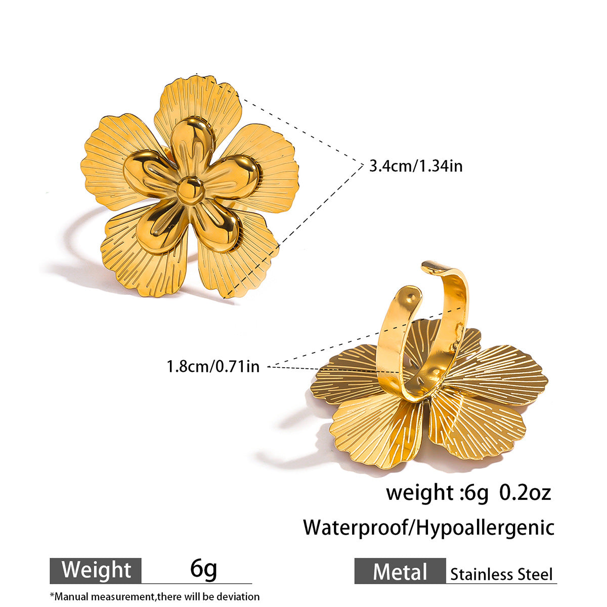 麦芽不锈钢不掉色花朵戒指女立体感开口设计指环夸张欧美跨境手饰