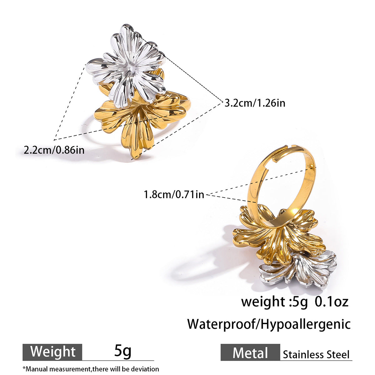 麦芽不锈钢花朵小雏菊金银拼色耳钉耳环开口戒指指环小众设计耳饰