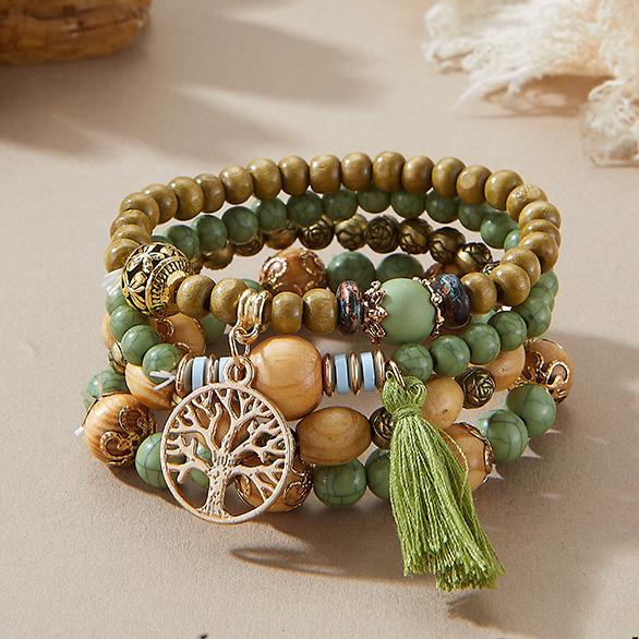 Bohemian Style Beaded Bracelet, Tassel Tree of Life Fashion Pendant, Wooden Bead Elastic Multilayer Bracelet