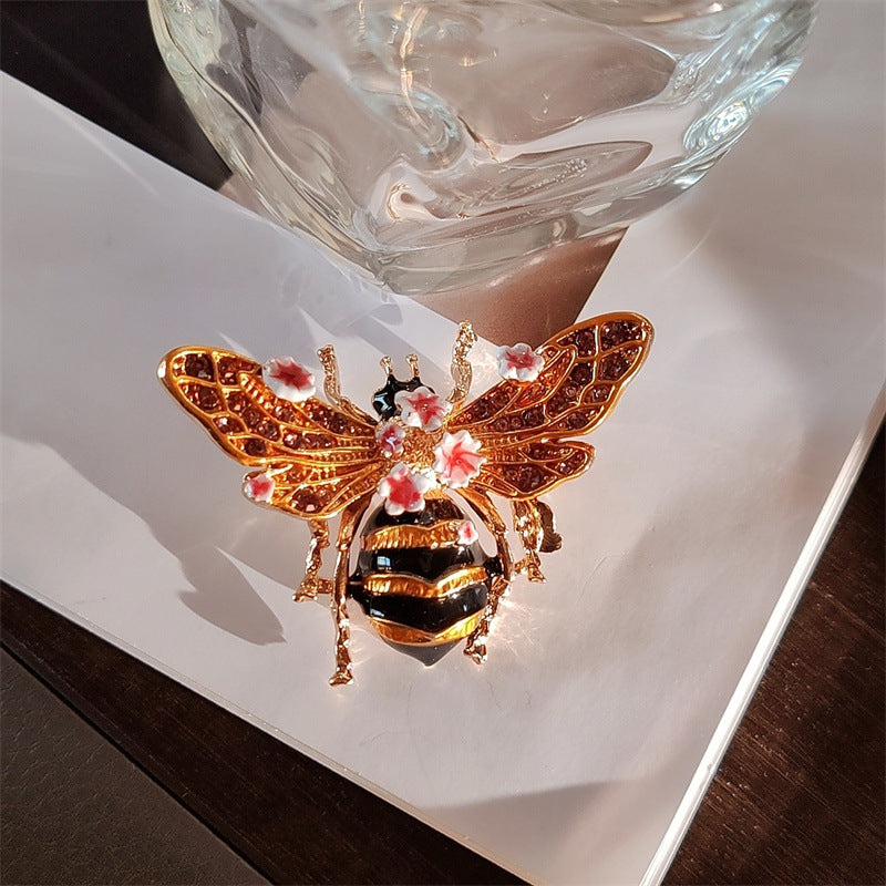 Hand-painted Enamel Sparkling Zircon Vintage Animal Brooch, Pink Flower, Creative & Fashionable Brooch