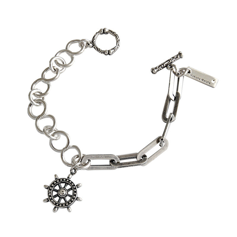 YH010韩版个性银链饰INS冷淡风复古做旧船舵链条S925纯银手链女