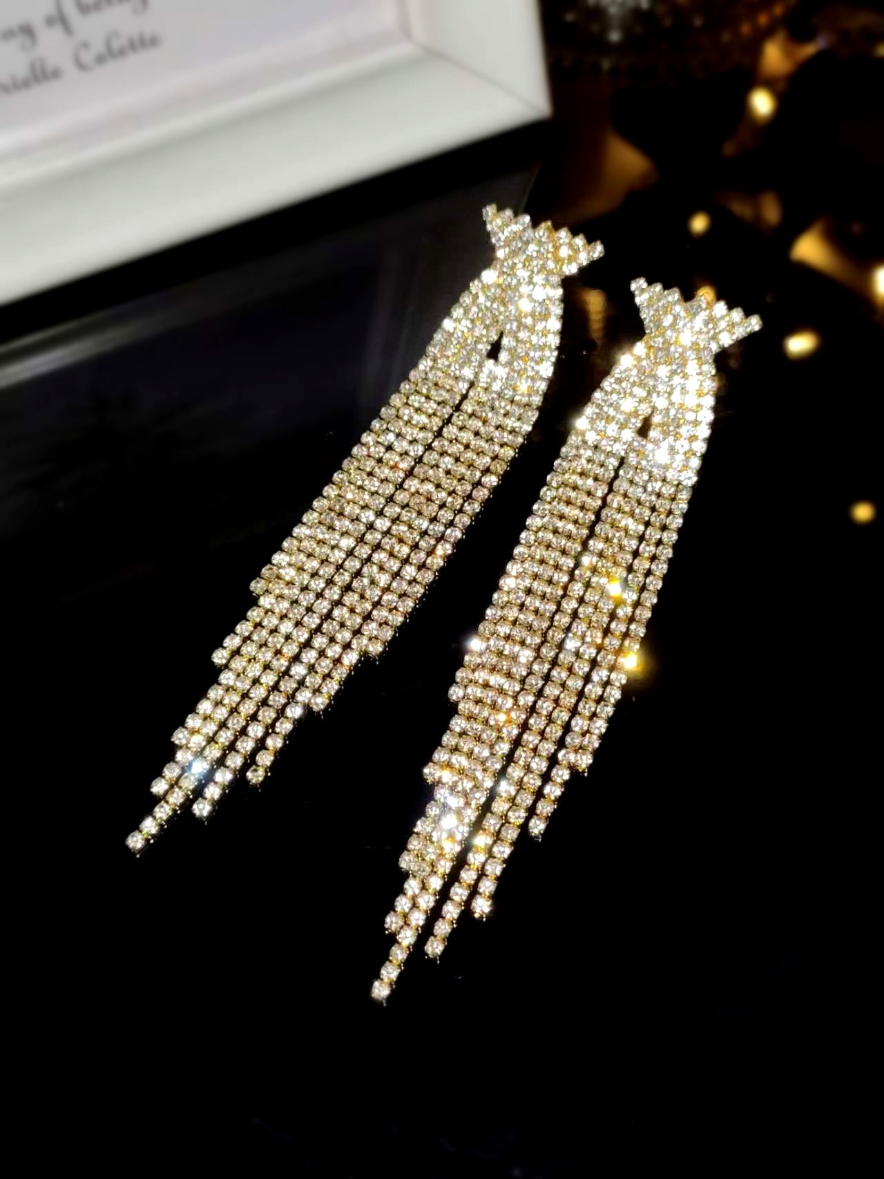 欧美时尚重工款满钻半圆蓝流苏水钻长耳线耳坠气质耳环交叉水钻耳