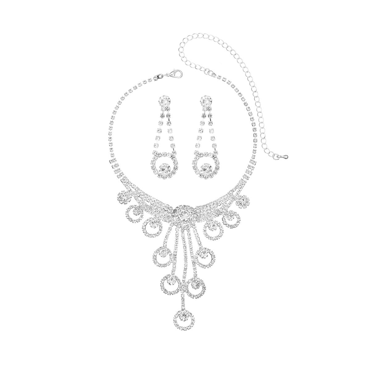 欧美跨境气质百搭水钻项链耳环两件套 新娘首饰套装 婚纱礼服配饰