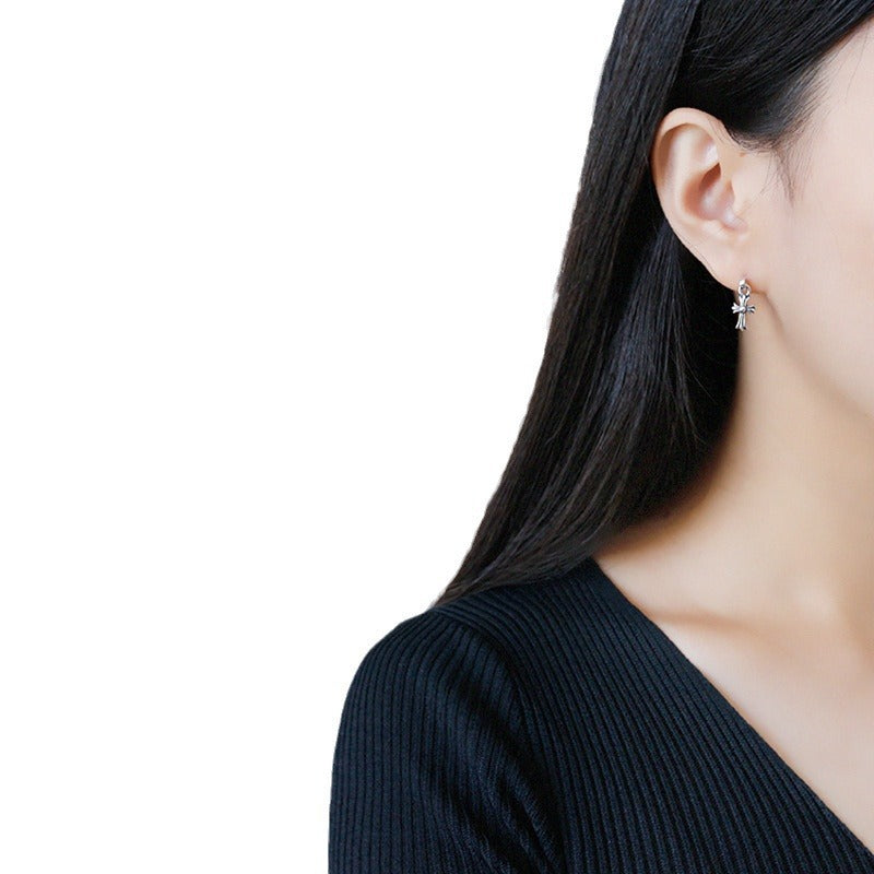 HED431韩版S925纯银简约复古做旧十字花耳坠耳钉耳饰学生女银饰品