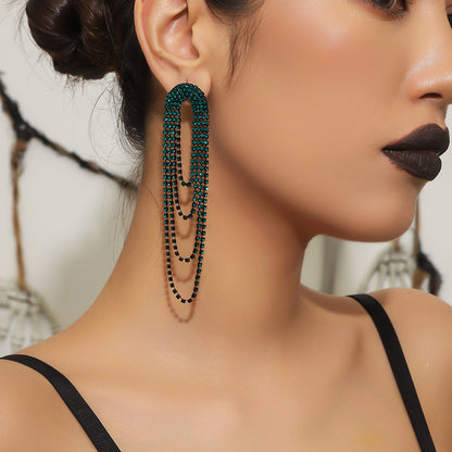 町卡饰品气质奢华闪亮水钻长款耳环女时尚渐变彩色流苏大耳环耳饰