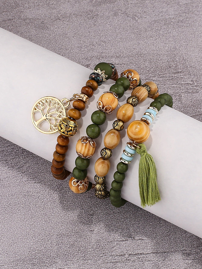 Bohemian Style Beaded Bracelet, Tassel Tree of Life Fashion Pendant, Wooden Bead Elastic Multilayer Bracelet