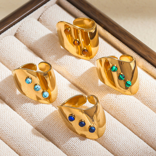 麦芽欧美ins风指环不锈钢18K金镶彩色天然石戒指女轻奢高级感手饰