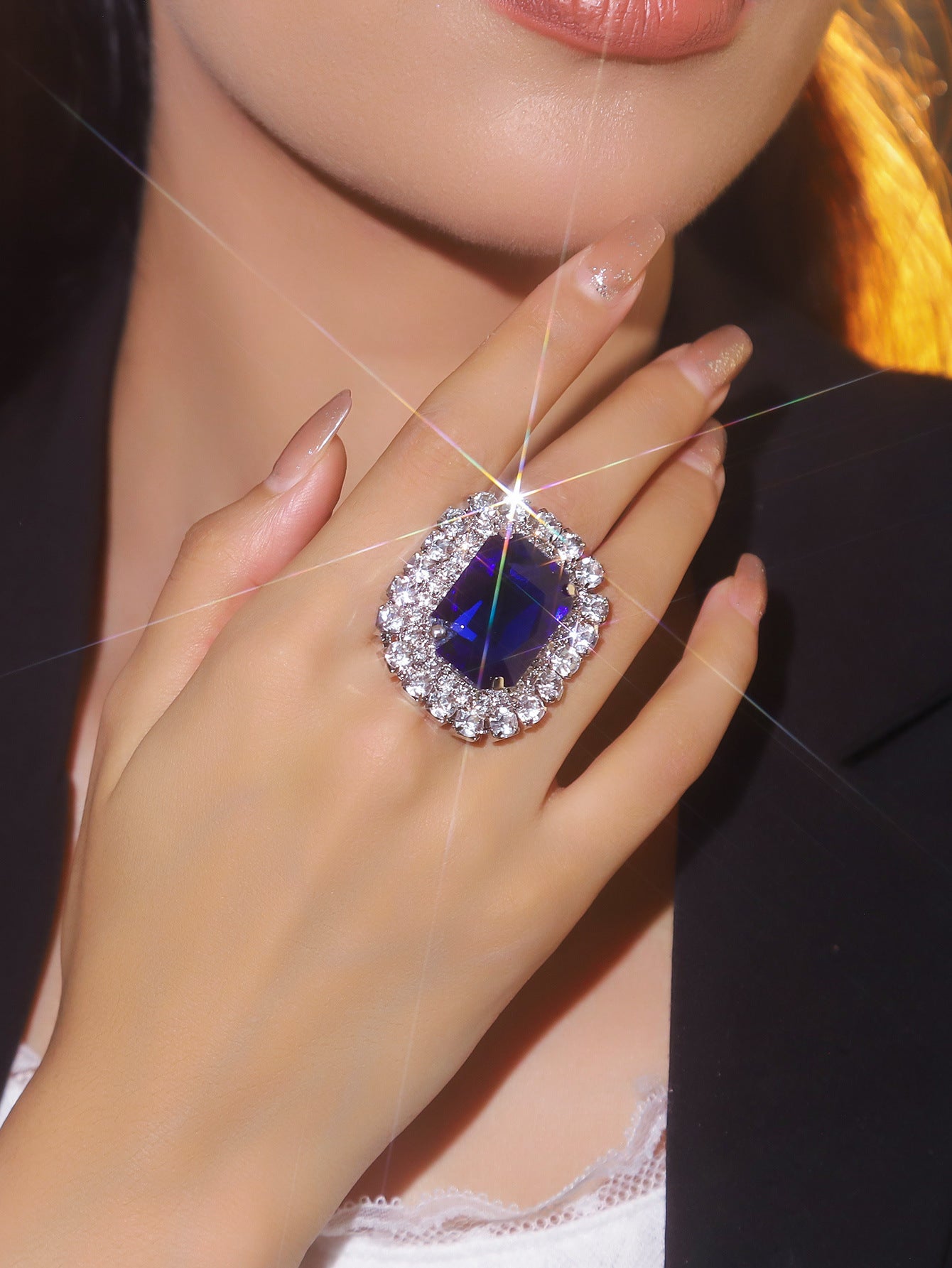 町卡高端华丽闪亮水晶蝴蝶形戒指女 小众设计水钻戒指指环