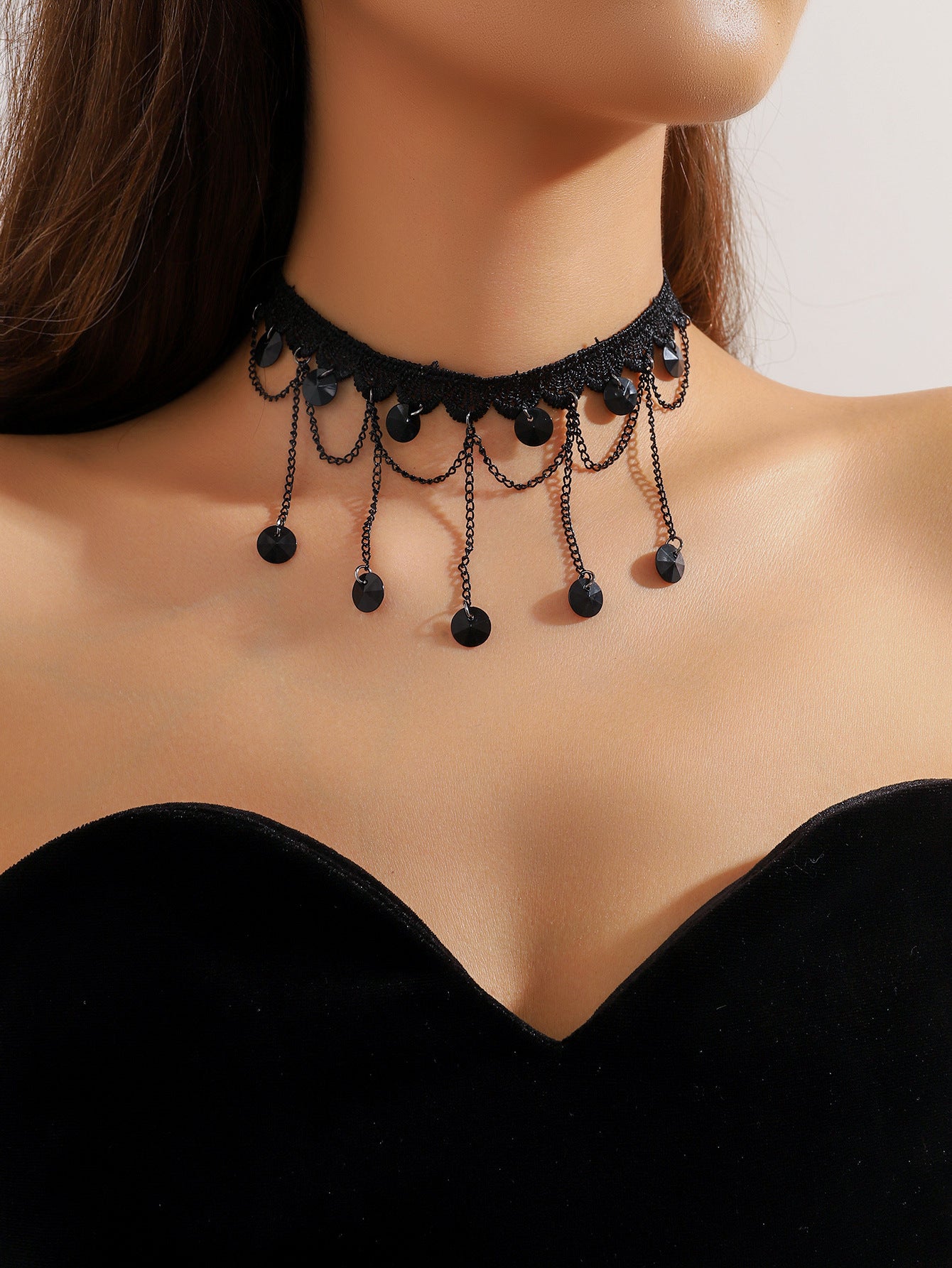 欧美跨境 复古黑色蕾丝玫瑰花项链手链戒指套装女 暗黑风颈链手饰