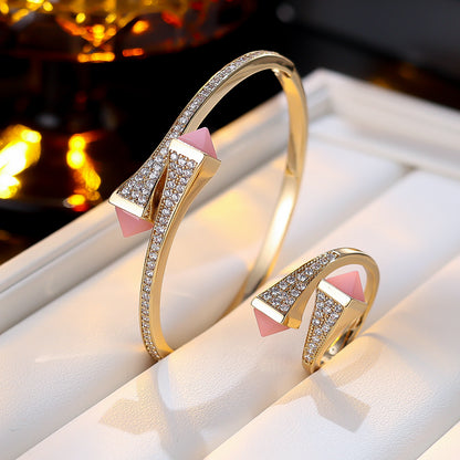 Light Luxury Niche Design Zircon Bracelet & Ring Set, Vintage Jewelry Set