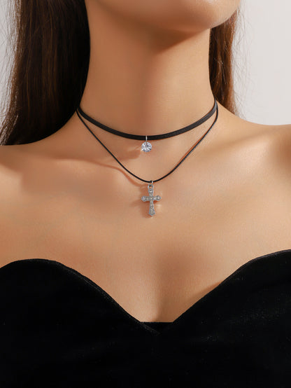 欧美跨境 复古黑色蕾丝玫瑰花项链手链戒指套装女 暗黑风颈链手饰