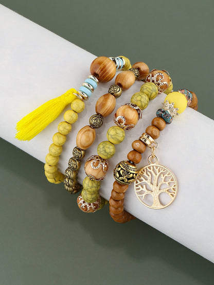 Bohemian Style Beaded Bracelet, Tassel Tree of Life Fashion Pendant, Wooden Bead Elastic Multilayer Bracelet
