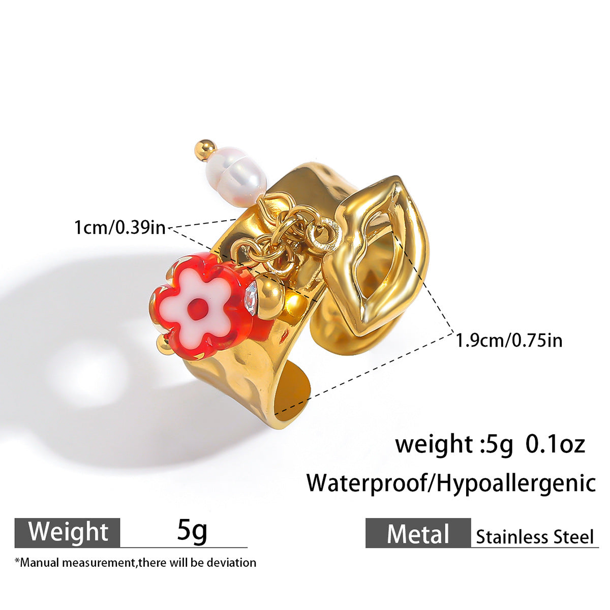 麦芽欧美不锈钢度假风开口戒指海螺海星贝壳珍珠花樱桃指环手饰品