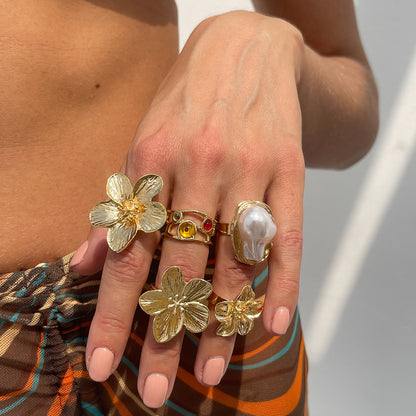 欧美跨境设计感液态熔岩花朵开口戒指 ins巴洛克仿珍珠镶宝石指环