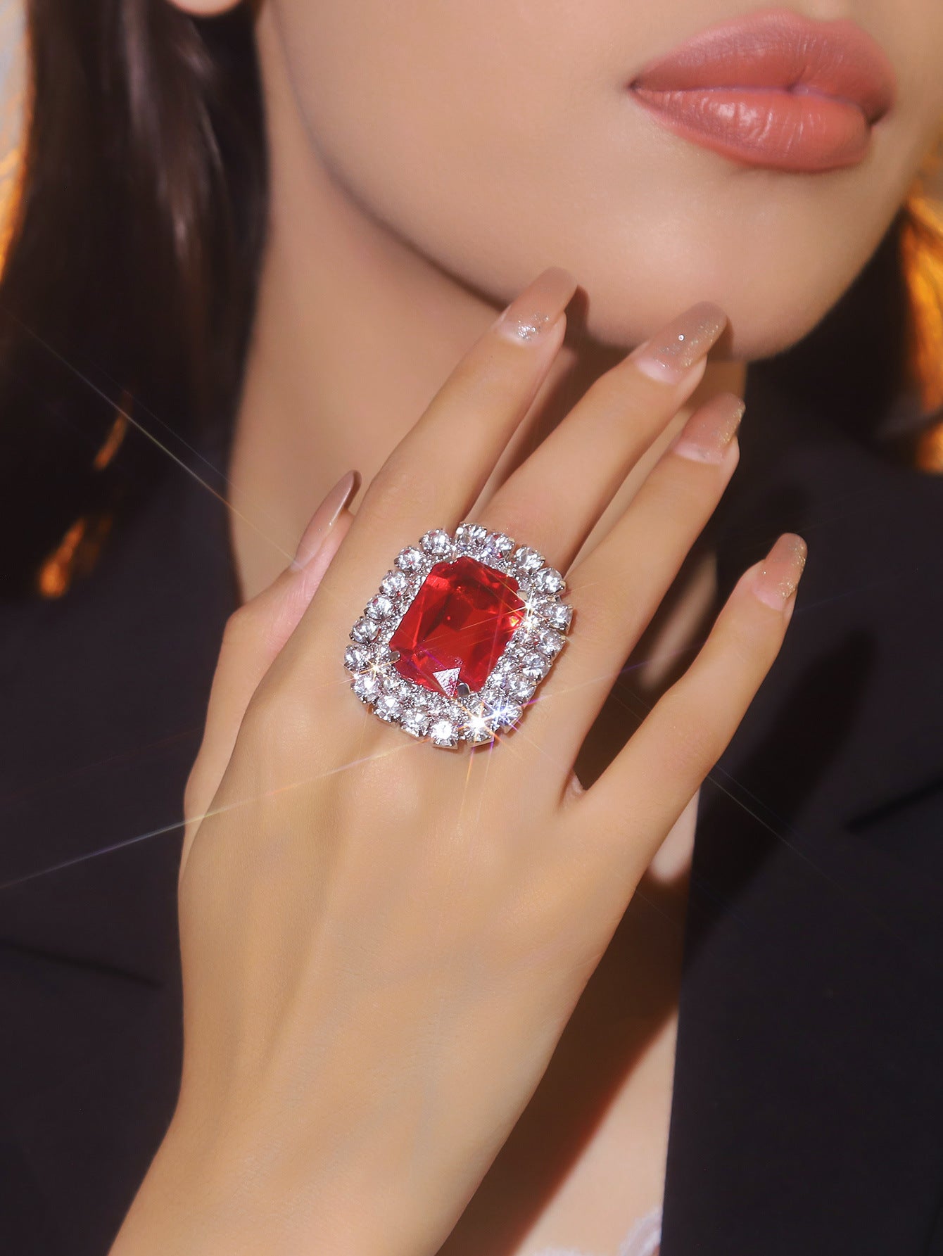 町卡高端华丽闪亮水晶蝴蝶形戒指女 小众设计水钻戒指指环