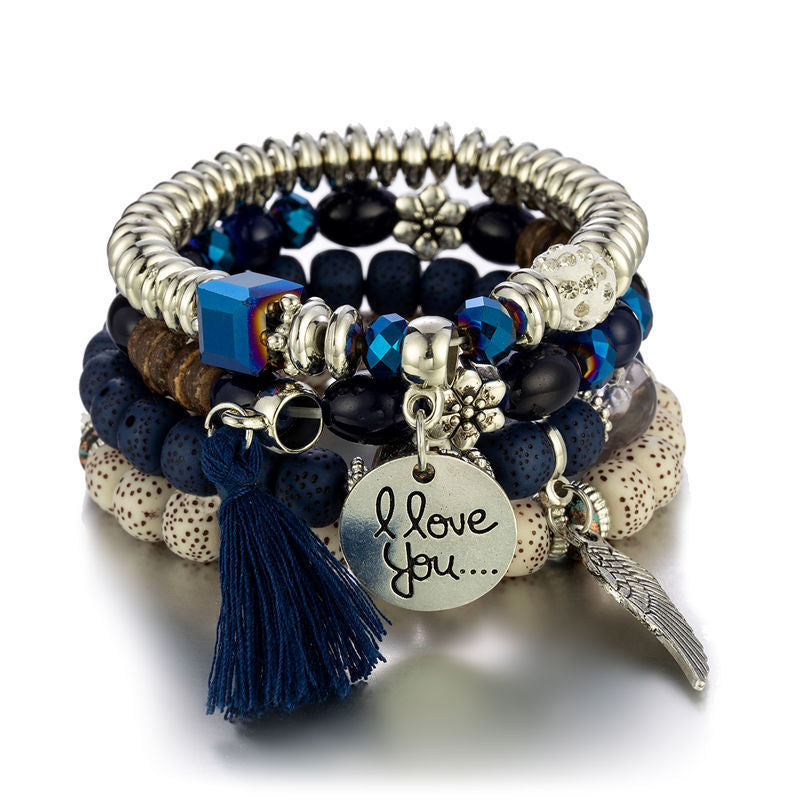 Boho Multi-Layer Stackable Beaded Stretch Bracelet, Bohemian Wrap Bracelet with Tassel & "I Love You" Charm