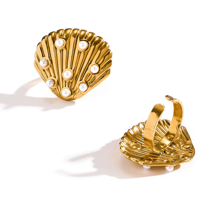 麦芽饰品欧美不锈钢钛钢戒指珍珠贝壳扇贝开口戒指环时尚轻奢手饰