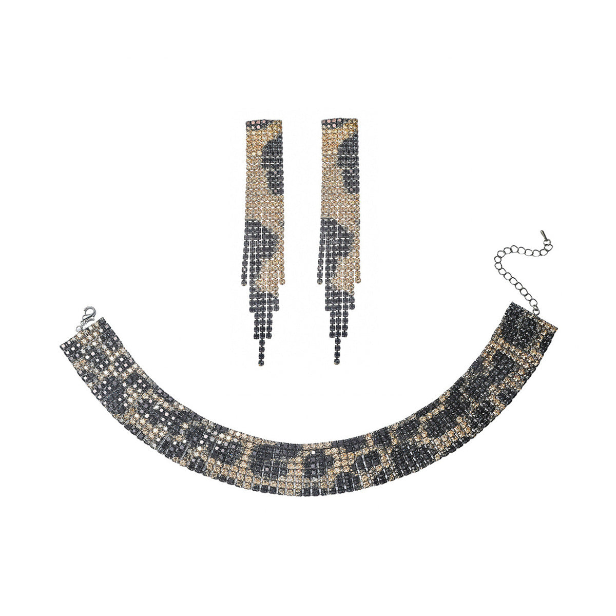 欧美跨境 奢华闪亮项链耳环两件套 豹纹新娘水钻首饰套装颈链饰品