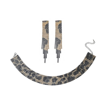 欧美跨境 奢华闪亮项链耳环两件套 豹纹新娘水钻首饰套装颈链饰品