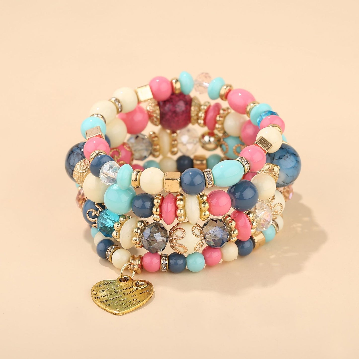 Boho Multi-Layer Stackable Beaded Stretch Bracelet, Bohemian Wrap Bracelet with Tassel & "I Love You" Charm