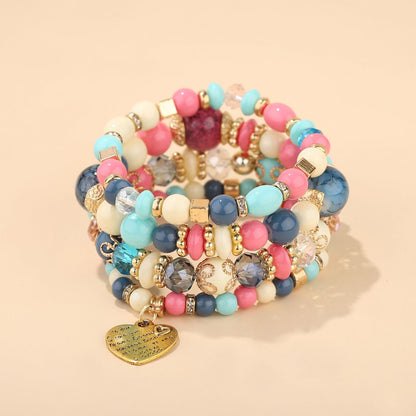 Boho Multi-Layer Stackable Beaded Stretch Bracelet, Bohemian Wrap Bracelet with Tassel & "I Love You" Charm