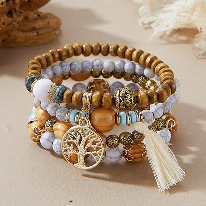 Bohemian Style Beaded Bracelet, Tassel Tree of Life Fashion Pendant, Wooden Bead Elastic Multilayer Bracelet